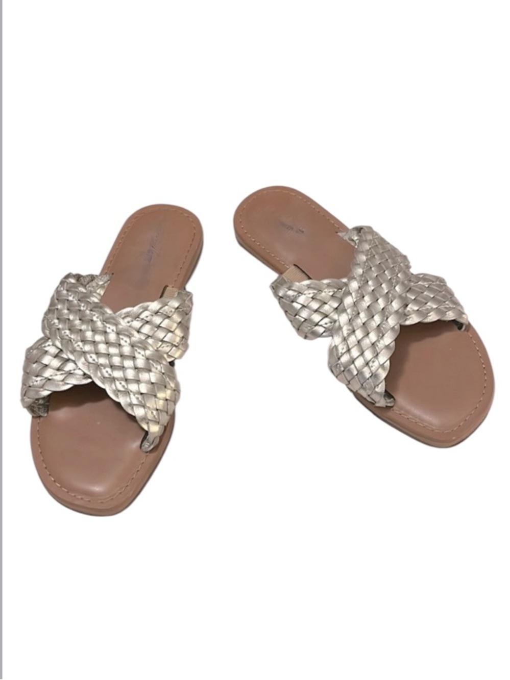 Universal Thread Mettalic Muted Gold Woven Faux Leather Slide Sandals NEW NWOT